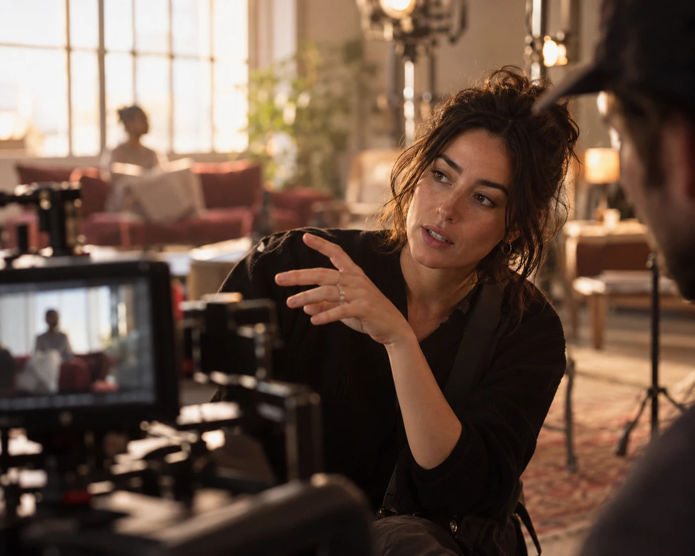Creative director reviewing a video shot on set with a cinematographer